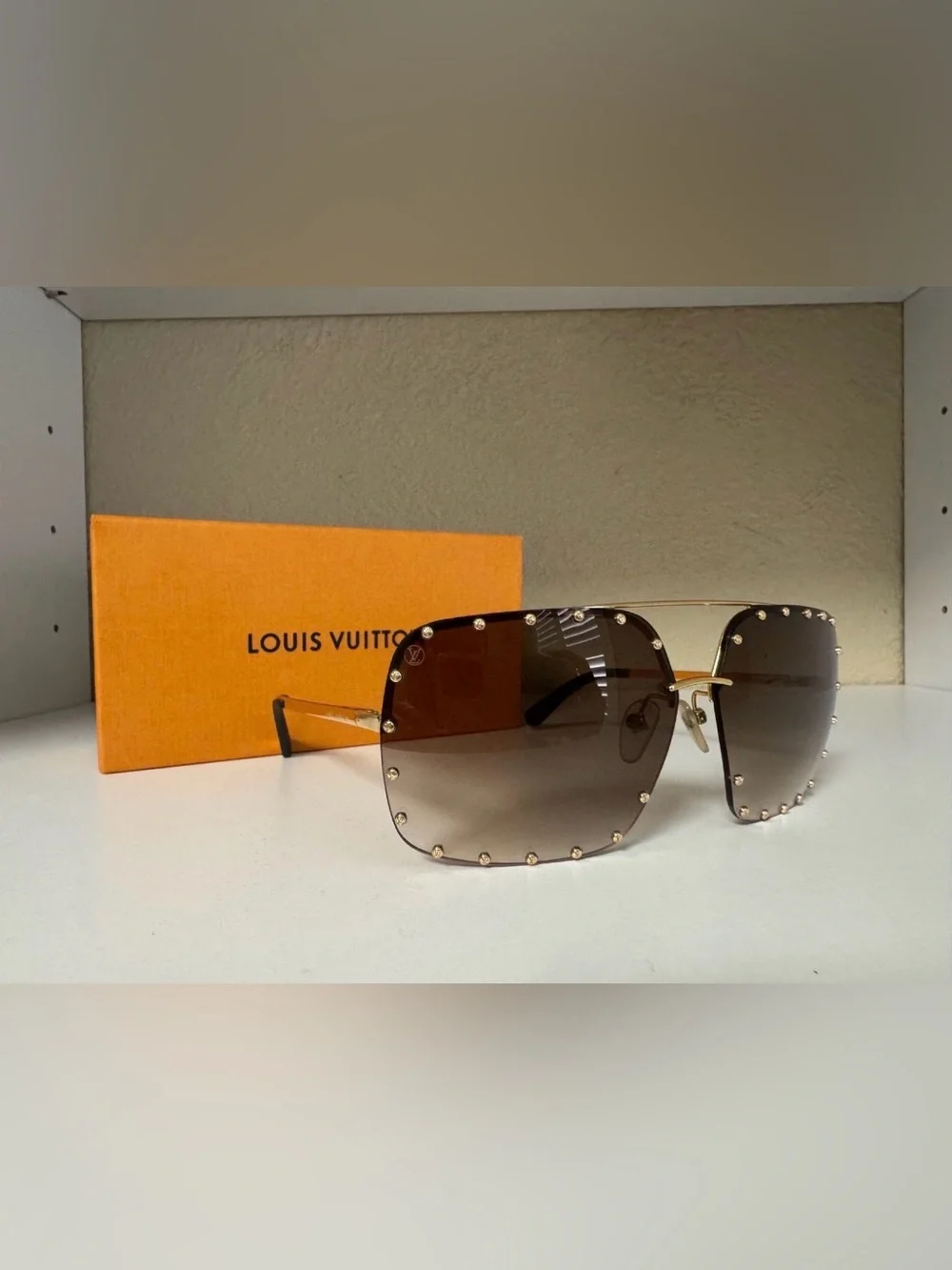 Louis Vuitton Oversized Rimless Studded Sunglasses Brown Gradient Gold Tone